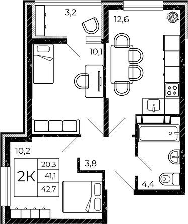 
  Продается 2-комн. квартира, 42.7 м², ЖК Флора, литера 2.1
. Фото 2.