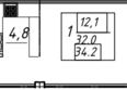 Шмидта: Планировка 1-комн 34,2 м²