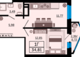 Royal Towers (Роял Тауэрс), литер 1: Планировка 1-комн 34,81 м²