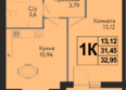 Друг, литера 8: Планировка 1-комн 32,95 м²