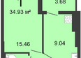 Космический, секция 3: Планировка 1-комн 34,93 м²