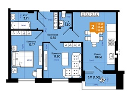 Продается 2-комнатная квартира ЖК Комсомольский, 2 очередь, 54  м²