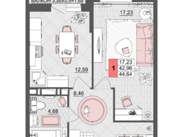 Продается 1-комнатная квартира ЖК Лучший, литер 3, 44.64  м², 6696000 рублей