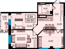 Продается 3-комнатная квартира ЖК Кристалл 2, 65.8  м², 10528000 рублей