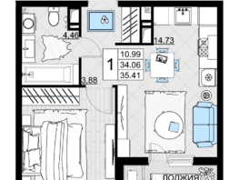 Продается 1-комнатная квартира ЖК Фонтаны, литер 19, 35.41  м², 7082000 рублей