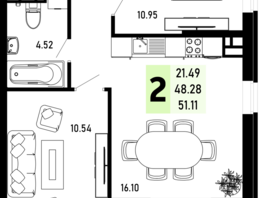 Продается 2-комнатная квартира ЖК Усадьба Гостагаевская, корпус 1, 51.11  м², 11244200 рублей