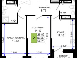 Продается 2-комнатная квартира ЖК Октябрь Парк, 1.2, 54.76  м², 7392600 рублей