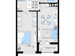 Продается 1-комнатная квартира ЖК Резиденция морей, корпус В, 49.2  м², 12127800 рублей