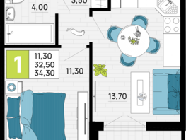 Продается 1-комнатная квартира ЖК Традиции, Литер 1, 34.3  м², 5145000 рублей