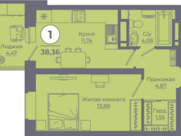 Продается 1-комнатная квартира ЖК Сокольники, литера 9, 38.02  м², 4828540 рублей