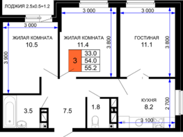 Продается 3-комнатная квартира ЖК Дыхание, литер 20, 55.2  м², 6624000 рублей