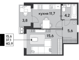 Продается 1-комнатная квартира ЖК Парк Победы 2, литера 21, 40.9 м², 7239300 рублей