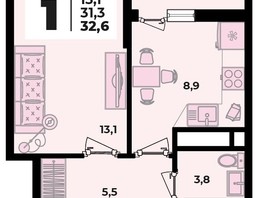 Продается 1-комнатная квартира ЖК Родной дом 2, литера 3, 32.6  м², 4288000 рублей
