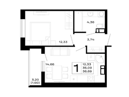 Продается 1-комнатная квартира ЖК Горные высоты, литер 5.3, 36.69  м&sup2;, 5540190 рублей