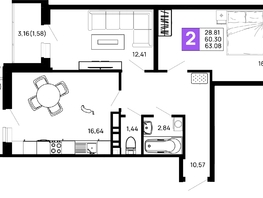 Продается 2-комнатная квартира ЖК Долина, литер 1, 63.08  м&sup2;, 8200400 рублей