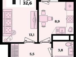 Продается 1-комнатная квартира ЖК Родной дом 2, литера 2, 32.6  м², 5103000 рублей