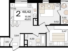 Продается 2-комнатная квартира ЖК Патрики, литер 1.2, 48.42  м², 15160302 рублей
