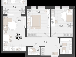 Продается 2-комнатная квартира ЖК Барса, 3В литер, 59.3  м², 16153320 рублей