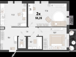 Продается 2-комнатная квартира ЖК Барса, 2В литер, 55.2  м², 13529520 рублей