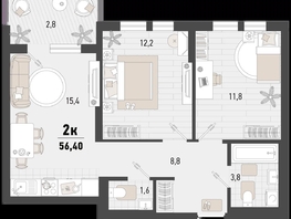 Продается 2-комнатная квартира ЖК Барса, 4В литер, 56.4  м², 15431886 рублей