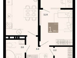 Продается 1-комнатная квартира ЖК Хозяин морей, литер 1, 36.1  м², 11696400 рублей