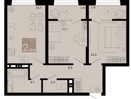 Продается 2-комнатная квартира ЖК Хозяин морей, литер 1, 59.6  м², 14780800 рублей