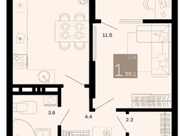 Продается 1-комнатная квартира ЖК Хозяин морей, литер 2, 36.1  м², 11696400 рублей