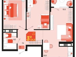 Продается 3-комнатная квартира ЖК Первое место, квартал 1.4, литер 2, 64.8  м², 10044000 рублей