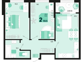 Продается 2-комнатная квартира ЖК Первое место, квартал 1.5, литер 1, 59.5  м², 7735000 рублей