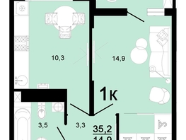 Продается 1-комнатная квартира ЖК Горячий, литера 3, 35.2  м², 4928000 рублей