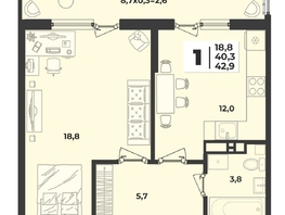 Продается 1-комнатная квартира ЖК Лето, литера 1.2, 42.9 м², 6502900 рублей