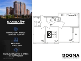 Продается 3-комнатная квартира ЖК Самолет, литера 54, 73.3 м², 9888170 рублей