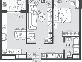 Продается 2-комнатная квартира ЖК Все Свои VIP, литера 4, 50.2  м², 12801000 рублей