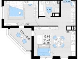 Продается 1-комнатная квартира ЖК Фонтаны, литер 19, 46.98  м², 8456400 рублей