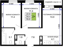 Продается 2-комнатная квартира ЖК Дыхание, литер 27, 55.6  м², 6950000 рублей
