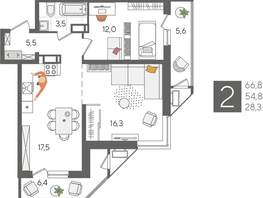 Продается 2-комнатная квартира ЖК Рекорд 2, литера 4, 66.8  м², 14148240 рублей