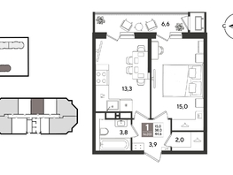 Продается 1-комнатная квартира ЖК Рекорд 2, литера 4, 44.6  м&sup2;, 11582620 рублей