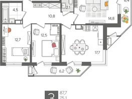 Продается 3-комнатная квартира ЖК Рекорд 2, литера 5, 87.7  м², 17066420 рублей