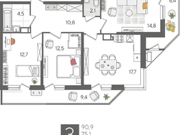 Продается 3-комнатная квартира ЖК Рекорд 2, литера 5, 90.9  м², 18080010 рублей