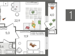 Продается 1-комнатная квартира ЖК Рекорд 2, литера 5, 47.4  м², 9560580 рублей