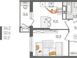 Продается 1-комнатная квартира ЖК Рекорд 2, литера 5, 36.2  м², 8720580 рублей