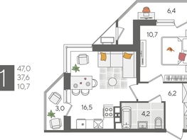 Продается 1-комнатная квартира ЖК Рекорд 2, литера 5, 47  м², 9423500 рублей