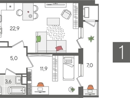 Продается 1-комнатная квартира ЖК Рекорд 2, литера 5, 50.4  м², 10452960 рублей