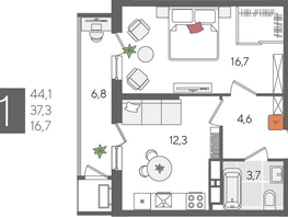 Продается 1-комнатная квартира ЖК Рекорд 2, литера 5, 44.1  м², 9869580 рублей