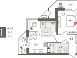 Продается 1-комнатная квартира ЖК Рекорд 2, литера 5, 46.8  м², 9767160 рублей