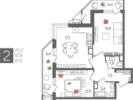Продается 2-комнатная квартира ЖК Рекорд 2, литера 6, 70.3  м², 14038910 рублей
