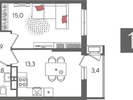 Продается 1-комнатная квартира ЖК Рекорд 2, литера 6, 41.4  м², 9153540 рублей
