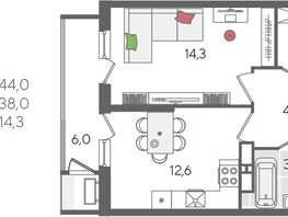Продается 1-комнатная квартира ЖК Рекорд 2, литера 6, 44  м², 9587600 рублей