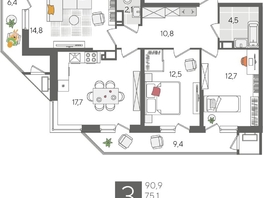 Продается 3-комнатная квартира ЖК Рекорд 2, литера 6, 90.9  м², 17734590 рублей