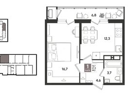 Продается 1-комнатная квартира ЖК Рекорд 2, литера 1, 44.1  м&sup2;, 11346930 рублей